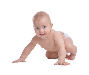 Cute baby in dry soft diaper crawling on white background