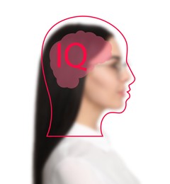 Illustrated head with brain and blurred view of woman on white background. IQ test