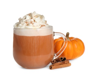 Delicious pumpkin latte and ingredients isolated on white