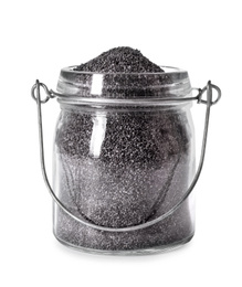 Photo of Poppy seeds in glass jar isolated on white