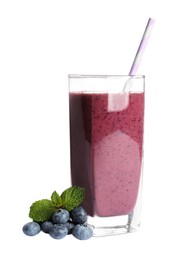 Photo of Glass of tasty blueberry smoothie and fresh fruits on white background