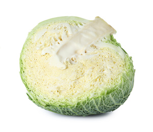 Photo of Half of fresh ripe savoy cabbage isolated on white