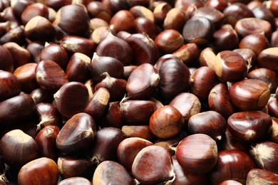 Photo of Fresh edible sweet chestnuts as background, closeup