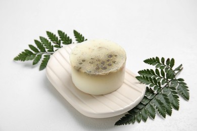 Soap bar with dish and green leaves on white background. Eco friendly personal care product