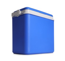 Closed blue plastic cool box isolated on white, low angle view