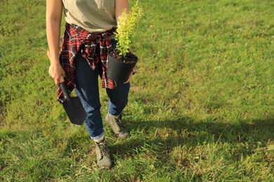 Photo of Woman with young green tree and trowel in garden, closeup. Space for text