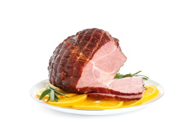 Photo of Delicious ham with orange slices and rosemary isolated on white