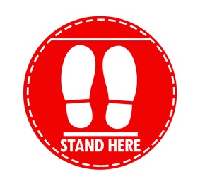 Illustration of Red round sign with text Stand Here and shoe prints, illustration. Social distancing - protection measure during coronavirus pandemic