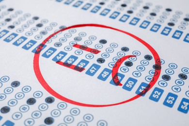 Photo of Sad face drawn on answer sheet, closeup. Student passing exam