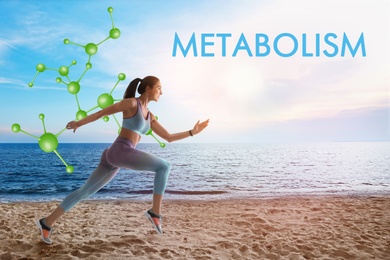 Metabolism concept. Molecular chain illustration and athletic young woman running near sea on sunny day