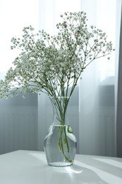 Photo of Beautiful gypsophila flowers in glass vase on white table indoors