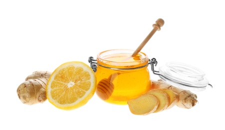Ginger, honey and lemon on white background. Natural cold remedies