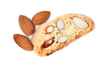 Slice of tasty cantucci and nuts on white background, top view. Traditional Italian almond biscuits