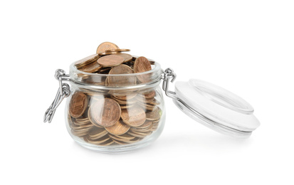 Glass jar with coins isolated on white