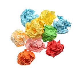 Crumpled sheets of color paper on white background, top view