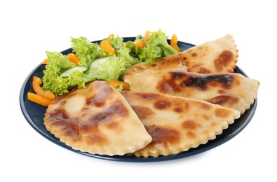 Delicious fried chebureki with vegetables isolated on white