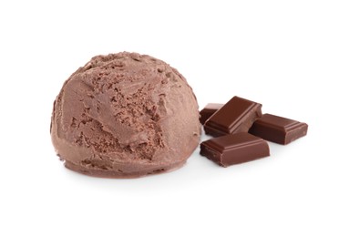 Scoop of delicious ice cream and chocolate on white background