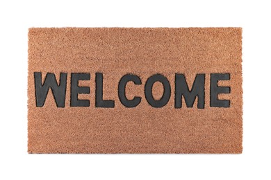 Stylish door mat with word Welcome on white background, top view