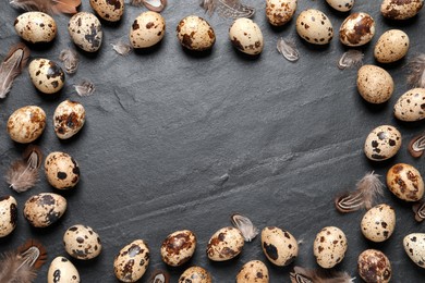 Frame of quail eggs feathers on black table. Space for text