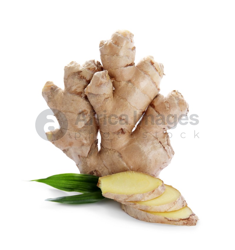 Photo of Whole and cut fresh ginger with leaves isolated on white