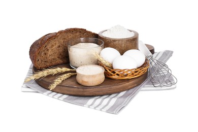Photo of Freshly baked bread, sourdough, flour, eggs and spikes on white background