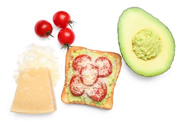 Tasty toast with avocado spread, tomato and cheese on white background, top view