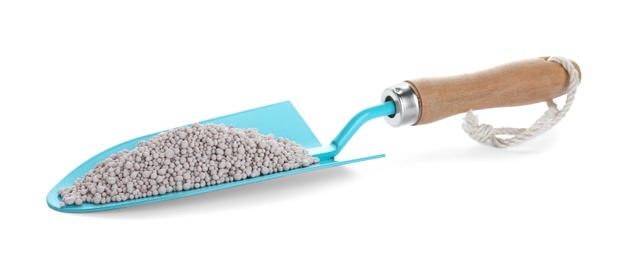 Shovel with chemical fertilizer isolated on white. Gardening time