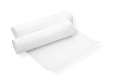 Medical gauze bandage rolls on white background