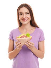Photo of Young woman with tasty sandwich on white background