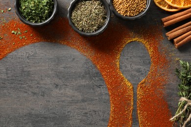 Photo of Flat lay composition with different spices, silhouettes of spoon and plate on grey table. Space for text