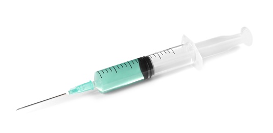 Photo of Plastic syringe with medicament on white background. Medical care