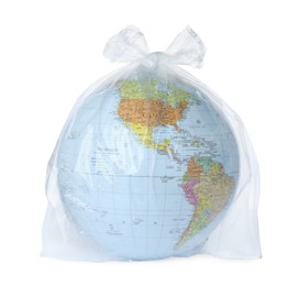 Globe in plastic bag isolated on white. Environmental protection concept