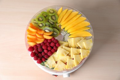 Cut fruits in dehydrator machine on wooden table, top view