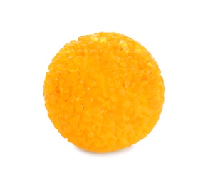 Bright yellow ball for cat on white background. Pet toy