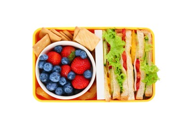 Photo of Lunch box of tasty healthy food isolated on white, top view. School dinner