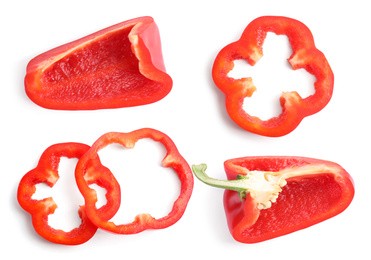 Image of Set of cut ripe red bell peppers on white background, top view