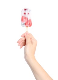 Woman holding berry popsicle on white background, closeup