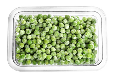 Frozen peas in plastic container isolated on white, top view. Vegetable preservation