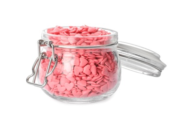 Sweet candy hearts in jar on white background