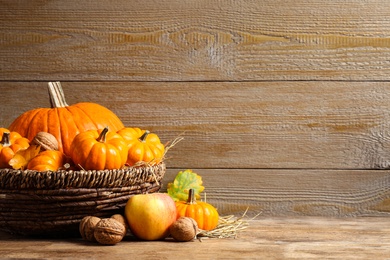Composition with ripe pumpkins on wooden table, space for text. Happy Thanksgiving day
