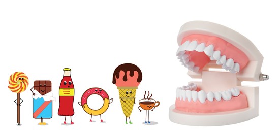 Model of oral cavity with teeth and illustrations of unhealthy products on white background