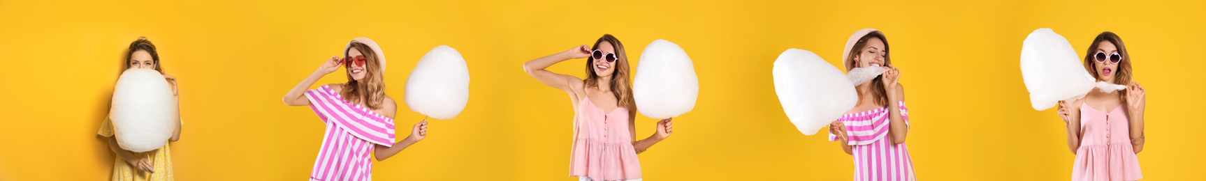 Image of Collage with photos of young woman holding cotton candy on yellow background. Banner design