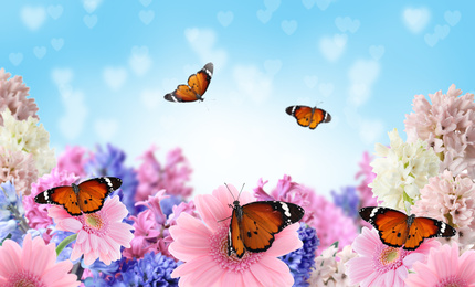 Image of Beautiful blooming flowers and painted lady butterflies 