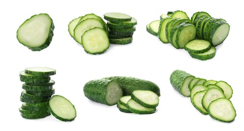 Set with slices of ripe cucumbers on white background