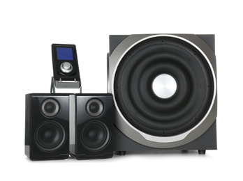 Modern powerful audio speaker system with remote on white background