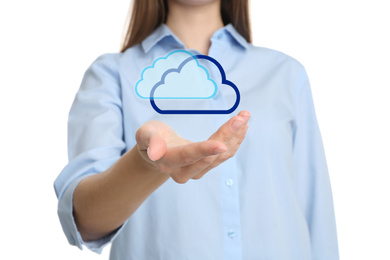 Woman holding virtual clouds icon on white background, closeup of hand. Data storage concept