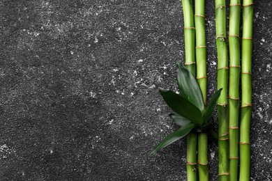 Bamboo stems and leaves on black textured table, flat lay. Space for text