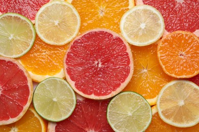 Photo of Slices of different citrus fruits as background, top view