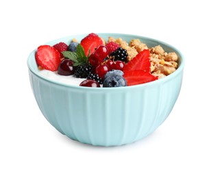 Photo of Tasty granola with berries on white background. Healthy meal