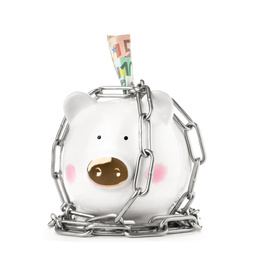 Piggy bank with steel chain and banknotes isolated on white. Money safety concept